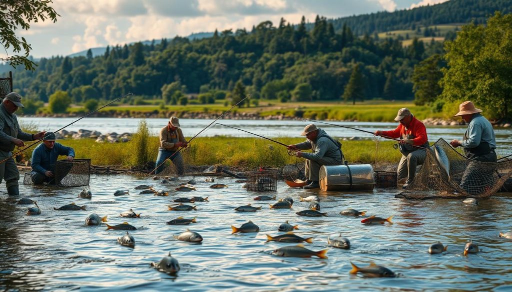 Detailed scene of various fishing techniques and methods in a riverside setting. Foreground features fishermen using different types of rods, nets, and traps to catch a variety of fish. Middle ground showcases the diverse river ecosystem with different fish species swimming in the water. Background depicts a lush, verdant landscape with trees, hills, and a picturesque sky. Warm, natural lighting illuminates the scene, creating a serene and immersive atmosphere. Emphasize the technical aspects of traditional and modern fishing practices in a visually engaging, documentary-style composition.