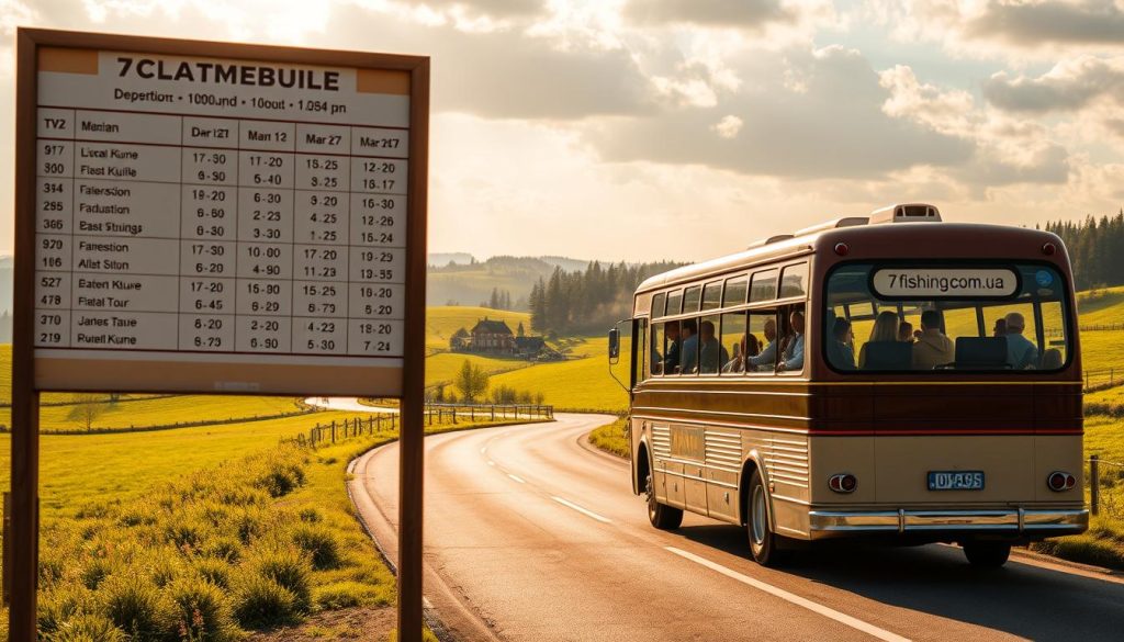 Detailed schedule of a realistic bus tour through the picturesque landscapes of Eastern Ukraine. A wide, paved road winds through rolling hills and verdant meadows, with a vintage-style bus traveling along it. The bus has the logo "7fishing.com.ua" emblazoned on its side. In the foreground, a detailed bus timetable displays departure times, routes, and stops. In the middle ground, passengers can be seen boarding and disembarking the bus, while in the background, quaint villages and forests dot the horizon. The scene is bathed in warm, golden light, creating a serene and inviting atmosphere.