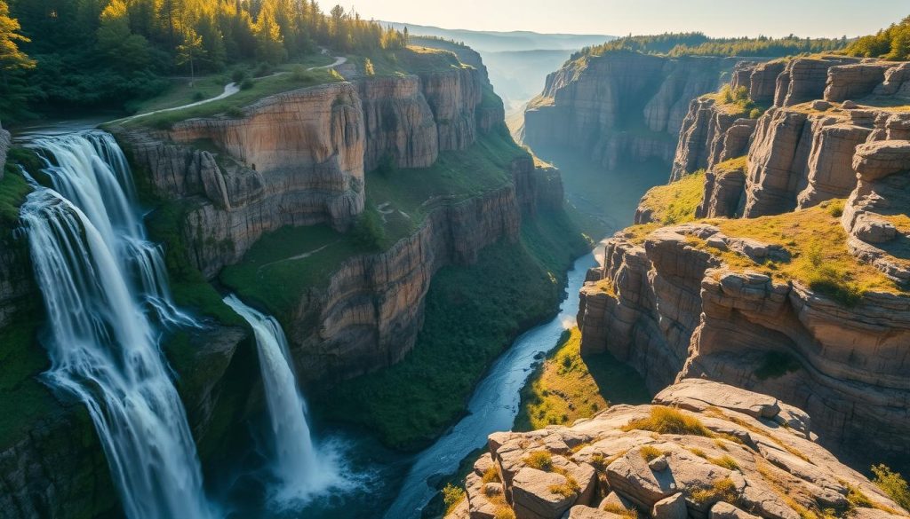 Dramatic waterfalls cascading down rugged cliffs, surrounded by lush greenery and towering rock formations. Stunning canyons with intricate patterns carved by the elements, their deep ravines and steep walls offering a glimpse into Ukraine's natural wonders. Warm sunlight filters through the scene, casting dynamic shadows and highlighting the vivid colors. Captured with a wide-angle lens to showcase the grand scale and imposing presence of these breathtaking landscapes. A serene and awe-inspiring vision, perfect for an article highlighting Ukraine's most captivating natural attractions. Realistic photo by 7fishing.com.ua.
