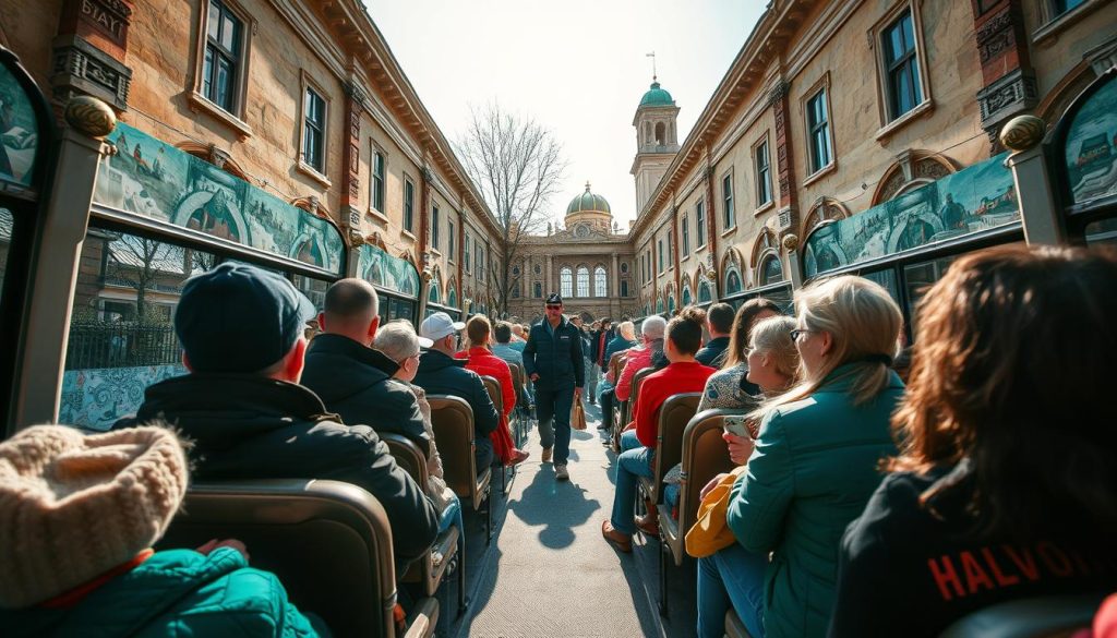 Экскурсионная программа в автобусных турах из Украины. Фотографическая экскурсия по живописным местам, включающая осмотр архитектурных памятников, посещение музеев и исторических центров городов. Мягкий солнечный свет, резкая детализация объектов, размытый фон в холодных оттенках. В центре композиции - группа туристов в комфортабельном автобусе с логотипом 7fishing.com.ua, с восторгом осматривающих достопримечательности. Передний план с указанием экскурсионных маршрутов, средний план - с туристами, задний план - живописные пейзажи.