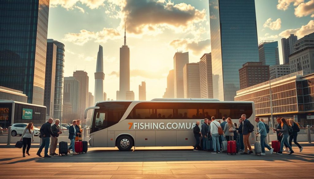 Expansive landscape of a modern city with towering skyscrapers and busy streets. In the foreground, a group of travelers eagerly boarding a sleek, comfortable tour bus emblazoned with the 7fishing.com.ua logo. The bus is surrounded by suitcases and excited passengers, conveying the sense of adventure and convenience of a bus tour. The lighting is warm and natural, casting a golden glow over the scene. The atmosphere is one of anticipation and exploration, inviting the viewer to imagine the wonders that await on this bus tour. Realistic, high-quality photographic rendering.