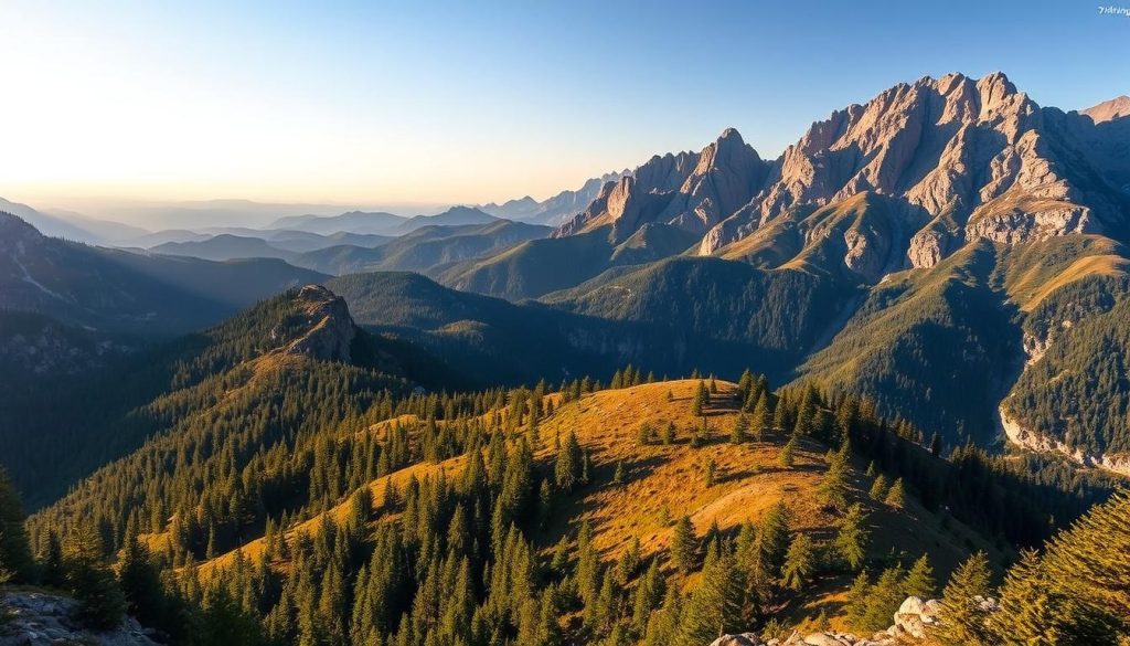 Expansive mountain vistas of Ukraine's scenic hiking trails, captured in a realistic photographic style. Rugged peaks and rolling hills dotted with lush evergreen forests, illuminated by warm, natural lighting. Dramatic shadows and textures convey the grandeur of the landscape. The image showcases the beauty of these popular outdoor destinations, as featured on the website 7fishing.com.ua.