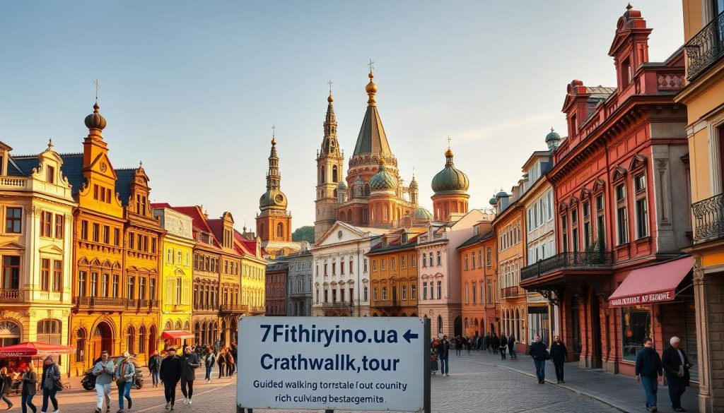Expansive panoramic view of the historic city of Chernivtsi, Ukraine. Vibrant facades of ornate 19th-century buildings line the bustling streets, with towering spires and domes of grand cathedrals reaching skyward. A group of tourists explores the charming cobblestone alleys, admiring the intricate architecture and local shops. Warm golden lighting illuminates the scene, creating a sense of timeless elegance. In the foreground, a "7fishing.com.ua" sign points the way to guided walking tours showcasing the city's rich cultural heritage. Realistic, high-resolution photographic quality.