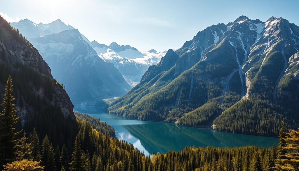 Expansive vistas of the majestic Carpathian Mountains, their peaks capped with pristine snow, towering over lush, verdant forests. A serene alpine lake reflects the surrounding natural beauty, its still waters mirroring the rugged cliffs and dense foliage. Sunlight filters through the canopy, casting a warm, golden glow across the rugged terrain. Realistic photo by 7fishing.com.ua.