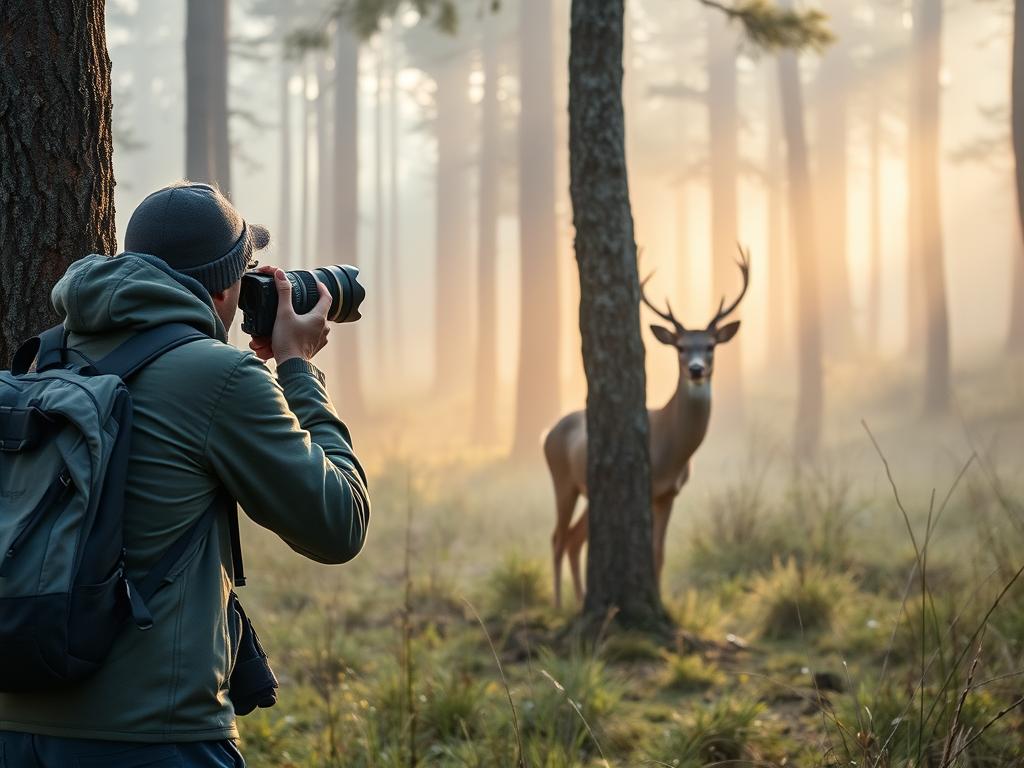 Фотограф снимает диких животных в лесу
