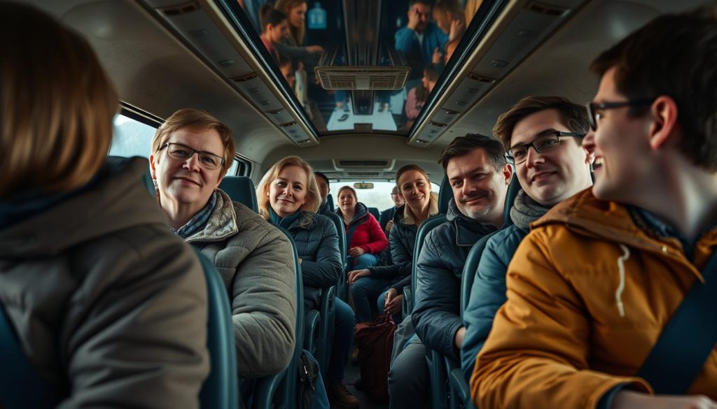 Фотографии группы людей, находящихся в автобусе, выходящих из него или исследующих достопримечательности западной Украины. Изображение должно быть реалистичным и детальным, с фокусом на выражения лиц и эмоции путешественников. Использовать естественное освещение и широкоугольный объектив, чтобы создать ощущение пространства и движения. В фоновых сценах должны быть видны исторические здания, пейзажи, музеи и другие объекты туристического интереса. Логотип "7fishing.com.ua" должен быть дискретно размещен на одном из объектов в кадре.