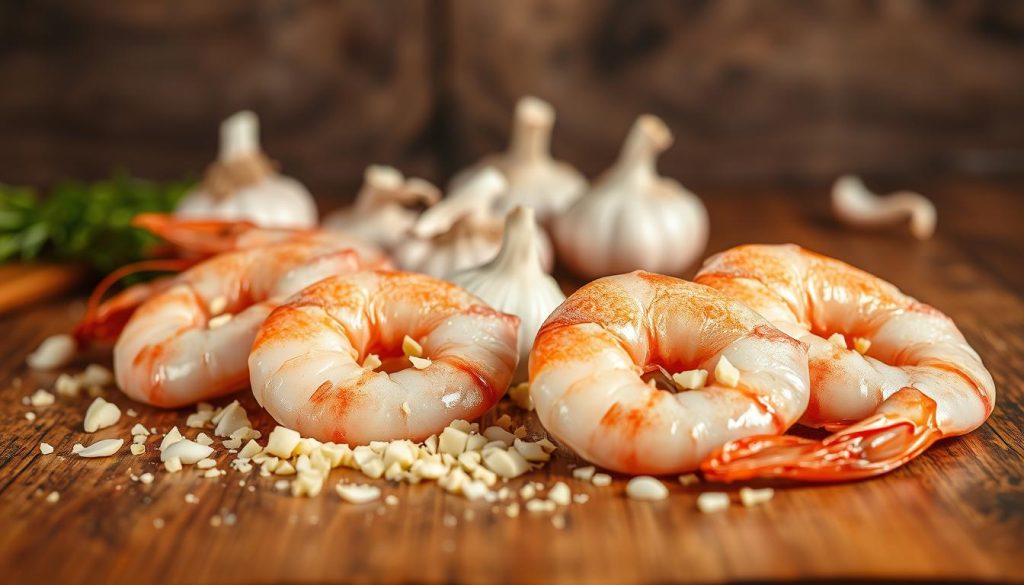 Fresh shrimp and garlic, a mouthwatering display on a rustic wooden table. In the foreground, plump, succulent shrimp glisten under warm lighting, their pink hues accentuated by a sprinkle of minced garlic. The middle ground features a scattering of whole garlic cloves, their pungent aroma wafting through the air. In the background, a simple, unadorned backdrop allows the star ingredients to shine. Captured with a shallow depth of field, the image emanates an inviting, culinary ambiance. Brought to you by 7fishing.com.ua.