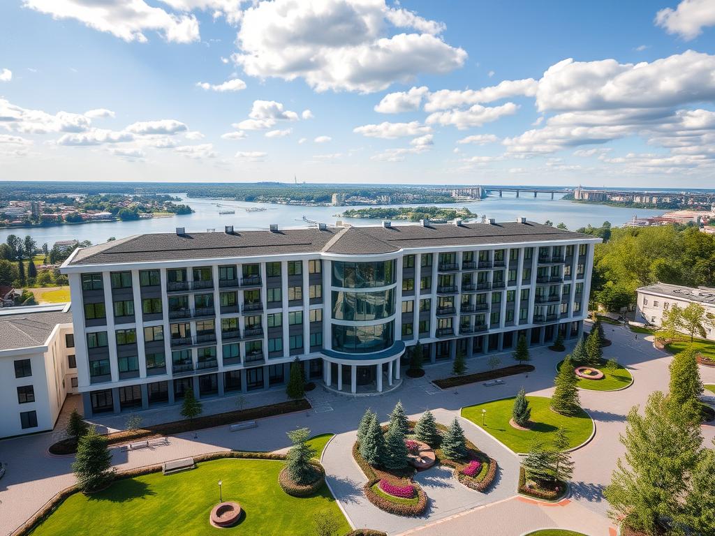 Головний корпус комплексу Shelest з видом на річку