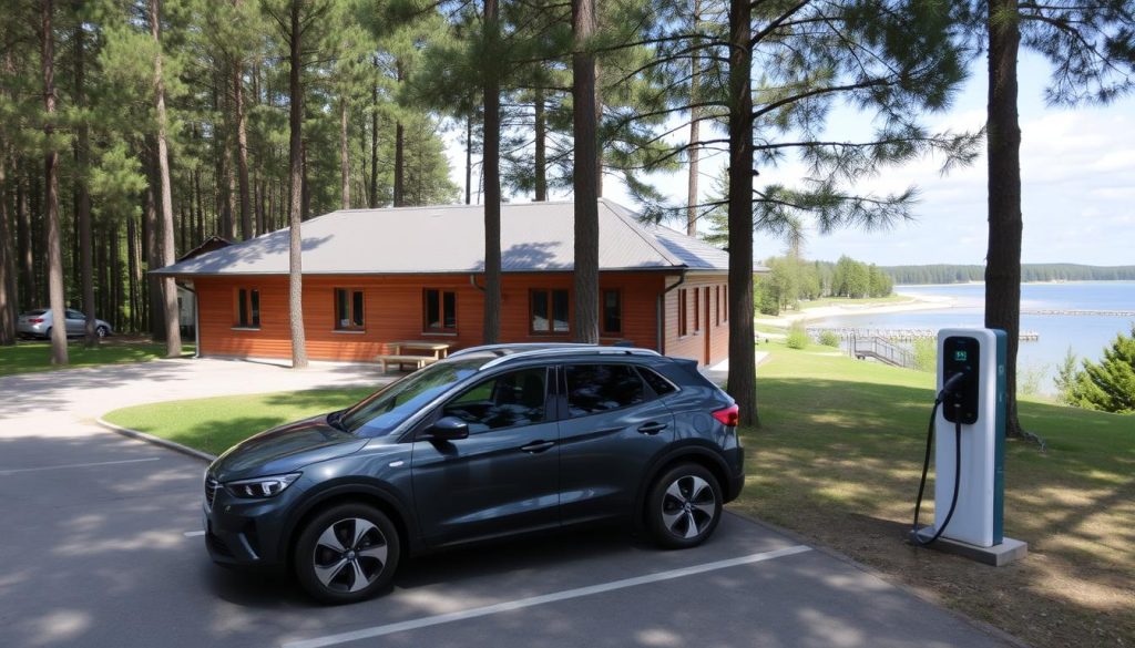 Гостинний двір з зарядною станцією для електромобілів
