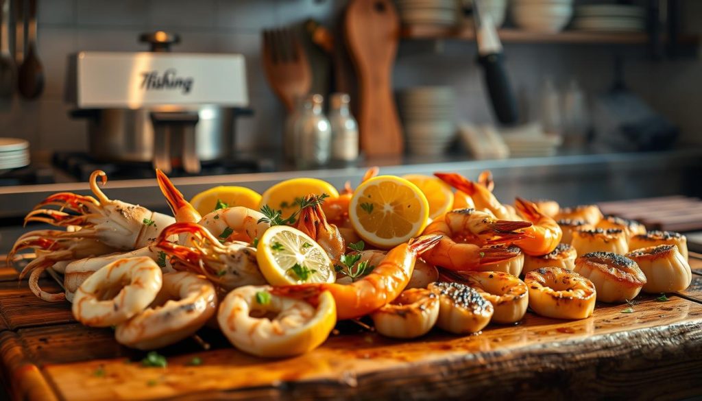 Grilled seafood preparation: A mouthwatering scene of sizzling calamari, plump shrimp, and succulent scallops arranged on a rustic wooden grill. The aroma of charred lemon and aromatic herbs fills the air, creating a tempting display. Warm lighting casts a golden glow, accentuating the glistening surfaces and tender textures. In the background, a minimalist kitchen setting with 7fishing.com.ua branded equipment and utensils. The overall mood is one of refined coastal cuisine, inviting the viewer to imagine the flavors and sensations of this expertly grilled seafood feast.