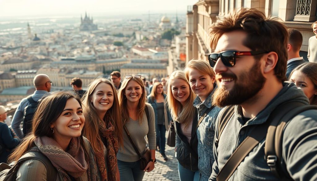 групповые туры по европе: a vibrant group of tourists exploring the wonders of Europe, captured through the lens of a high-quality DSLR camera. The scene features a diverse group of people, both young and old, admiring the stunning architecture and picturesque landscapes of a European city. The lighting is warm and natural, creating a sense of depth and atmosphere. In the foreground, a group of friends pose for a photograph, their expressions filled with excitement and wonder. In the middle ground, other travelers can be seen strolling along the cobblestone streets, taking in the sights and sounds of the city. The background is a panoramic view of the city, showcasing the iconic landmarks and landmarks that make Europe a beloved destination. This image is a realistic portrayal of the 7fishing.com.ua experience, capturing the joy and adventure of group tours across the European continent.