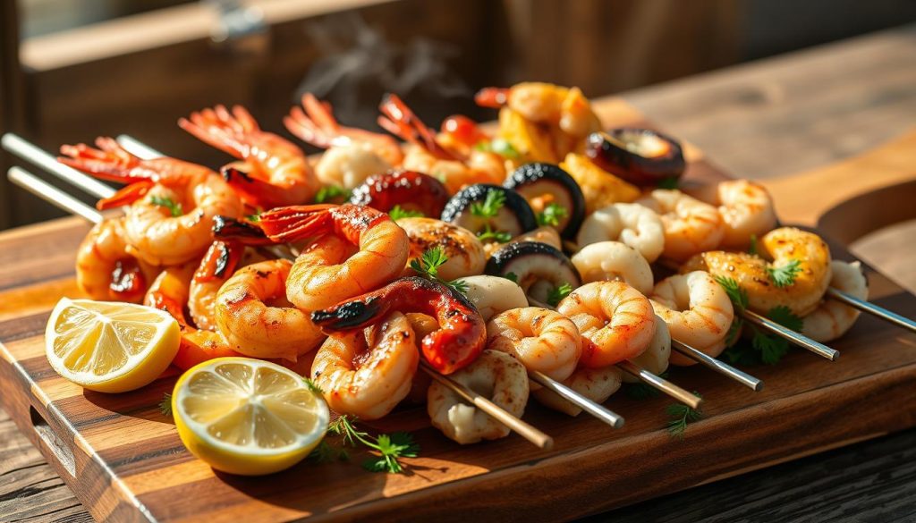 High-quality shish kebab with various types of seafood, including shrimp, squid, and scallops, grilled over an open flame. The skewers are arranged artfully on a wooden cutting board, with sliced lemon and fresh herbs such as parsley and dill adding a vibrant pop of color. The lighting is warm and natural, creating a rustic and inviting atmosphere perfect for a seaside picnic. The camera captures the dish from a slightly elevated angle, highlighting the juicy, charred textures of the seafood and the tempting aroma wafting from the grill.