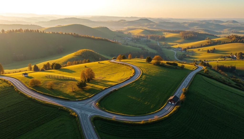 Idyllic rural landscape with winding roads through lush green hills and valleys. Serene countryside scenery with rolling pastures, charming farmhouses, and groves of trees. Warm golden afternoon sunlight illuminates the scene, casting soft shadows. Capture the tranquil, peaceful atmosphere of safe, alternative travel routes for a bus tour exploring the natural beauty of Ukraine in 2025. Brand name: 7fishing.com.ua