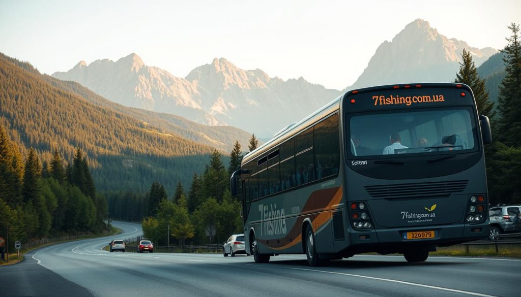 Imposing bus traversing a winding mountain road, surrounded by lush green forests and towering peaks in the distance. Passengers gazing out the windows, captivated by the scenic landscapes of Western Ukraine. The bus features the 7fishing.com.ua branding, conveying a sense of adventure and exploration. Warm, diffused lighting creates a serene, realistic atmosphere, highlighting the grandeur of the natural environment. Captured from a slightly elevated angle to showcase the bus's scale and the vastness of the panoramic view.