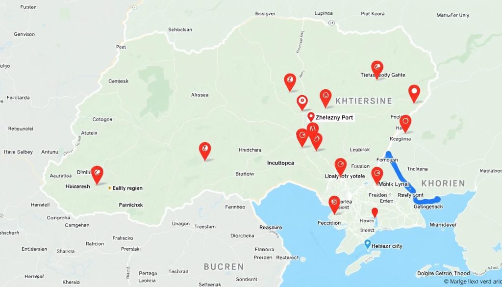 Карта Херсонской области с отмеченными популярными курортными зонами и мотелями