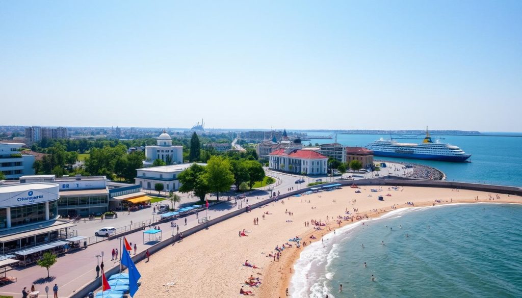 Курорт Чорноморськ з міським пляжем, набережною та портом