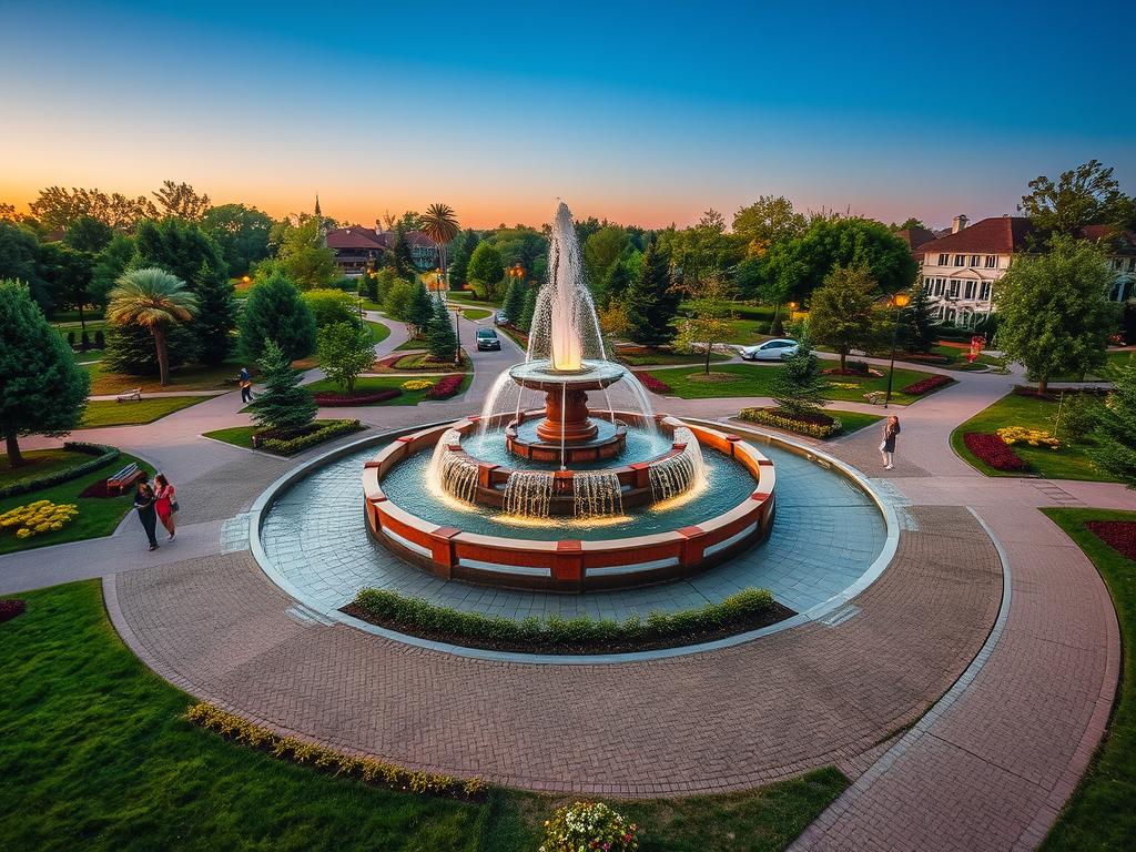 Курортний парк у Миргороді - місце для відпочинку з фонтаном та зеленими насадженнями