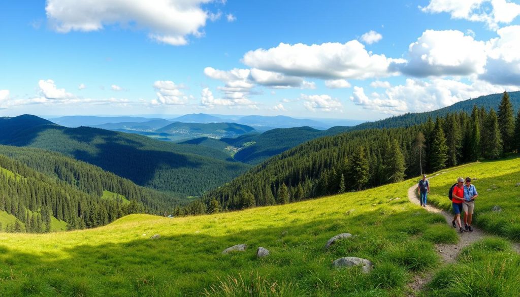 Літні краєвиди Славського, Львівська область, з туристами на гірських стежках