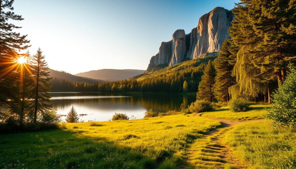 Lush, verdant landscape of Kyiv's natural wonders, bathed in warm, golden sunlight. A serene lake reflects the towering pine trees and rolling hills in its still waters. In the foreground, a winding path leads through a tranquil, flower-dotted meadow, inviting visitors to explore. Towering cliffs rise in the distance, their rugged beauty complemented by the vibrant hues of the surrounding foliage. Capture the essence of 7fishing.com.ua with this picturesque scene of Kyiv's captivating natural beauty.