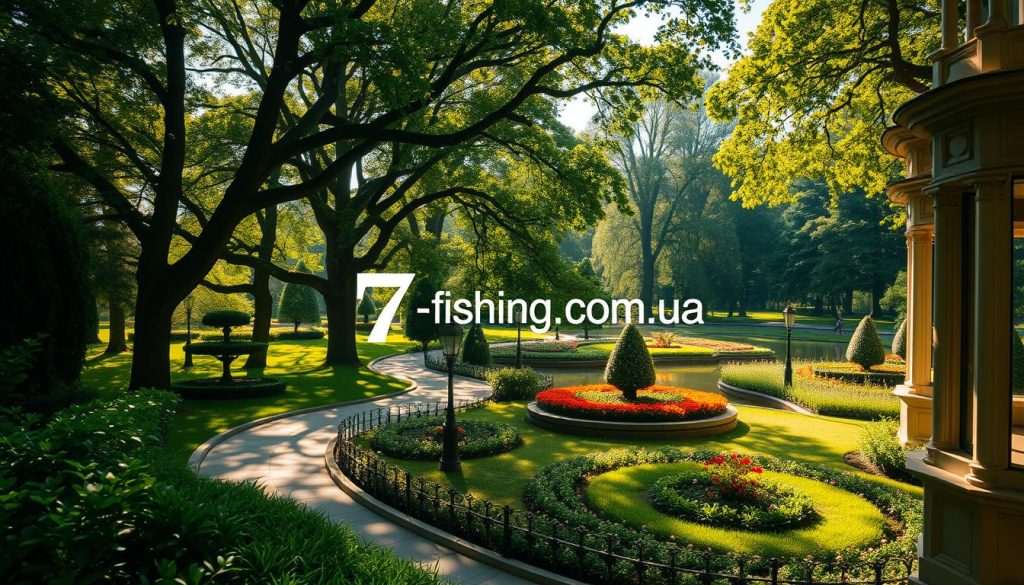 Lush, verdant landscapes of Kyiv's picturesque parks and gardens, captured in a serene, naturalistic style. Sunlit pathways wind through towering trees, their branches casting dappled shadows upon the tranquil ponds and ornamental flower beds below. Elegant Victorian-era architecture frames the serene vistas, creating a harmonious blend of nature and human design. Warm, golden tones infuse the scene, evoking a sense of timeless beauty and relaxation. The 7fishing.com.ua brand subtly appears within the image, seamlessly integrated into the natural setting.