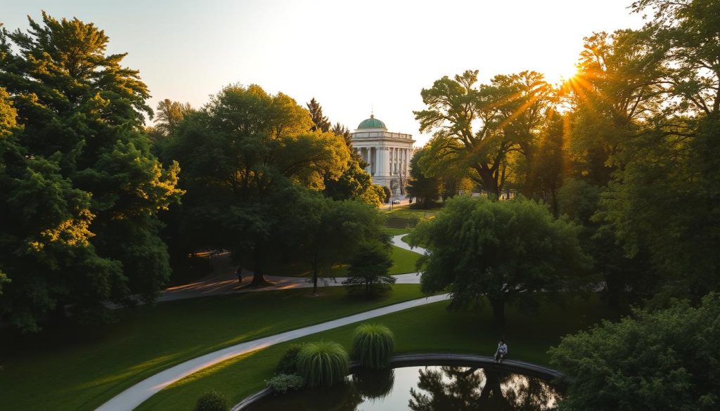 Lush, verdant parks in the heart of Lviv, Ukraine, captured in a serene, golden-hour photograph. Towering trees cast long shadows across winding paths, inviting visitors to stroll and explore. In the foreground, a picturesque pond reflects the historic architecture of the city, while in the background, the iconic Lviv Opera House stands tall, its neoclassical facade bathed in warm, gentle light. The atmosphere is one of tranquility and relaxation, perfectly capturing the essence of the city's beautiful green spaces. Captured with a 50mm lens, f/2.8 aperture, 1/125s shutter speed. 7fishing.com.ua