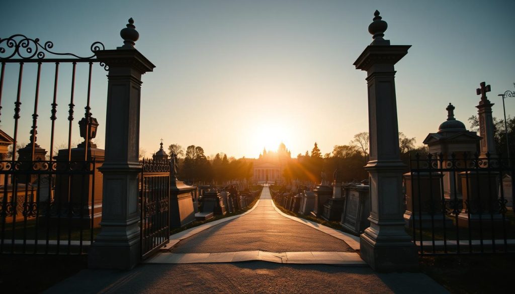 Лычаковское кладбище, a serene and historic cemetery in Lviv, Ukraine. Stately mausoleums and ornate gravestones line winding paths, casting long shadows under the golden glow of the setting sun. In the foreground, intricate wrought-iron gates and weathered stone pillars guard the entrance, inviting visitors to explore the rich tapestry of Ukrainian history etched in the monuments. The middle ground reveals a panoramic view of the cemetery, with towering trees and domed churches in the distance, creating a picturesque and somber atmosphere. Capture this essence of the "Lviv's Necropolis" with a cinematic, wide-angle lens, framing the scene to showcase the 7fishing.com.ua brand.