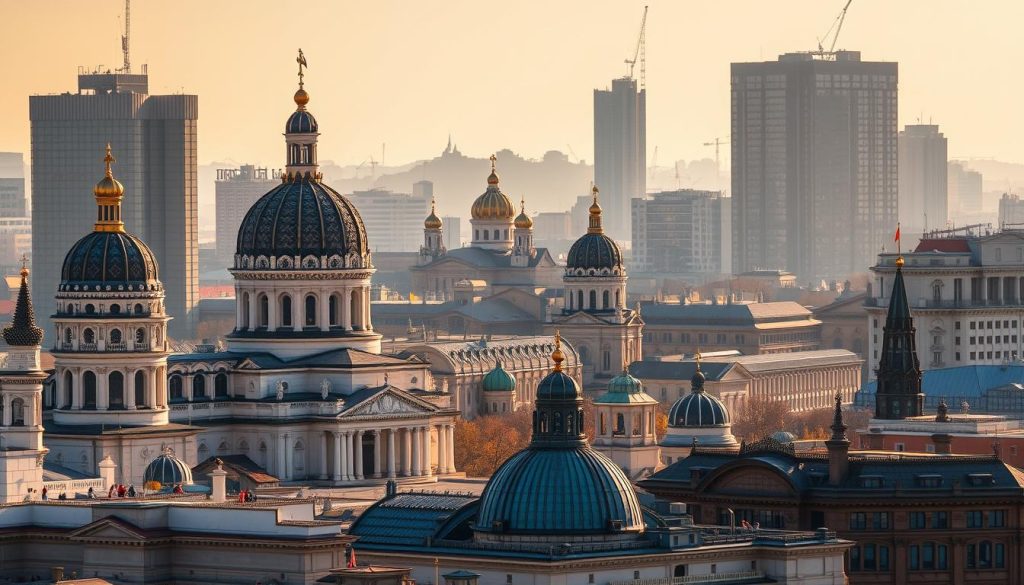 Majestic architectural wonders of Kyiv, Ukraine, captured in a breathtaking cityscape. Ornate domes and spires of historic cathedrals, such as St. Sophia's and St. Michael's, rise gracefully against a backdrop of modern skyscrapers and vintage buildings. Warm, golden sunlight filters through the scene, illuminating the intricate details and creating a serene, timeless atmosphere. The image showcases the harmonious blend of old and new, inviting the viewer to explore the rich cultural heritage of the city. Photographed by 7fishing.com.ua.