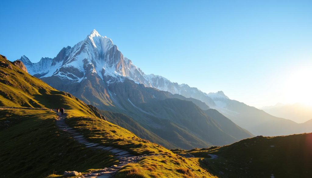 Majestic mountain peaks rise into the crisp, alpine air, their rugged, snow-capped summits reaching towards the heavens. A winding trail winds its way through the lush, verdant foothills, offering a glimpse of the stunning vistas that await. The scene is bathed in the warm, golden glow of the sun, casting long shadows across the craggy terrain. In the distance, a group of hikers can be seen navigating the path, their silhouettes framed against the breathtaking backdrop. This realistic photograph, captured by the skilled photographers at 7fishing.com.ua, perfectly encapsulates the beauty and grandeur of the "Туровые маршруты по Украине из Черновцов".