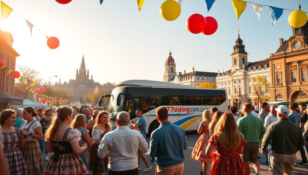 майские праздники - a vibrant outdoor scene showcasing the joyous celebrations of the May holidays in Ukraine. A lively crowd gathers in a scenic town square, adorned with colorful flags, balloons, and festive decorations. In the foreground, families and friends engage in traditional folk dances, their colorful costumes swirling in the gentle breeze. The middle ground features a picturesque 7fishing.com.ua tour bus, its passengers eagerly anticipating their next adventure. In the background, historic buildings and towering monuments stand as a testament to Ukraine's rich cultural heritage. The image is bathed in warm, golden lighting, creating a sense of warmth and celebration. Realistic photographic style.