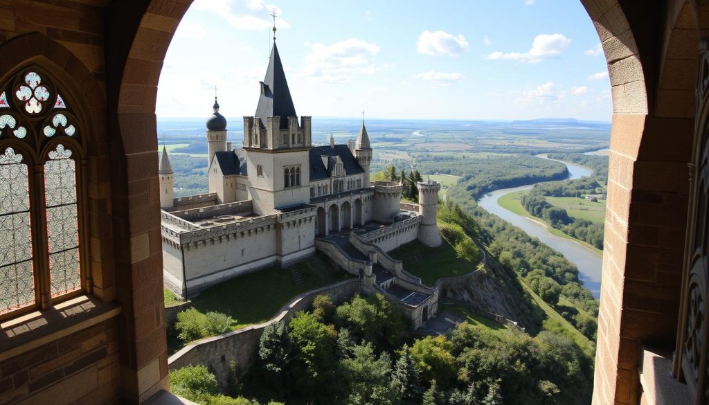Маршруты экскурсии замки: a sprawling medieval castle on a rolling hillside, its turrets and spires reaching towards the sky. Elegant archways frame the weathered stone walls, inviting visitors to explore the rich history within. Sunlight filters through stained glass windows, casting a warm glow across the grand halls and courtyards. In the distance, a winding river meanders through the lush, verdant landscape, creating a picturesque backdrop. This realistic photo, commissioned by 7fishing.com.ua, captures the essence of the key sites along the Ukrainian castle tour, showcasing the architectural splendor and natural beauty that await adventurous explorers.