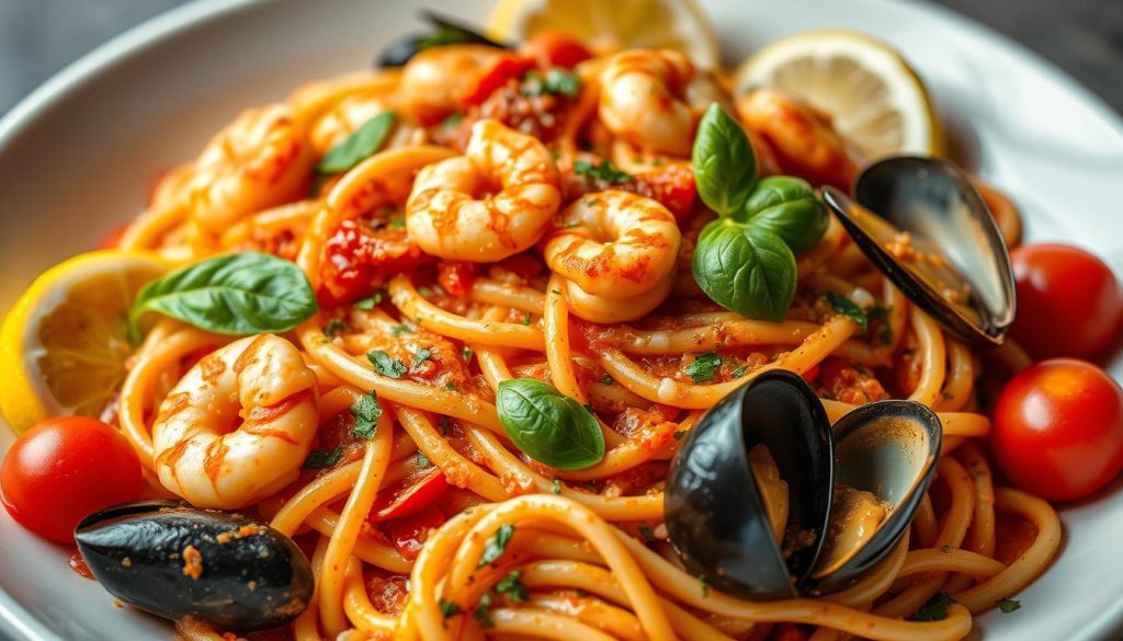Mouth-watering Italian pasta dish with an abundance of fresh seafood, including plump shrimp, tender calamari, and briny mussels. The pasta is perfectly al dente, coated in a rich, creamy tomato-based sauce infused with garlic, herbs, and a hint of white wine. Vibrant pops of color from the red tomatoes, green basil leaves, and yellow lemon wedges create a visually stunning and appetizing composition. Soft, diffused lighting illuminates the scene, casting gentle shadows and highlights to accentuate the dish's textures and depth. The camera angle is slightly elevated, inviting the viewer to savor the enticing aromas and flavors of this authentic Italian seafood pasta.