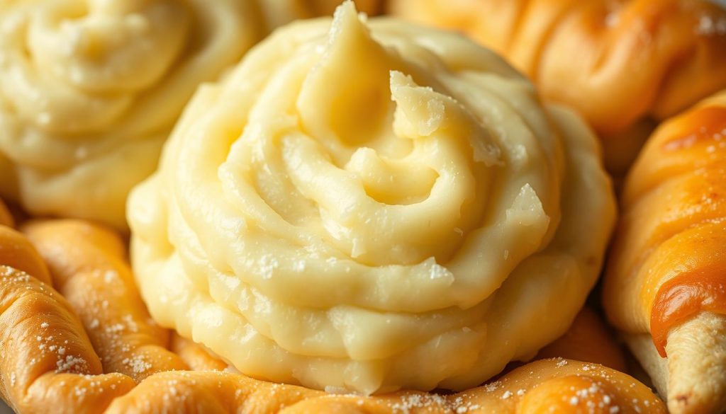 Mouthwatering mashed potatoes and supple, golden-hued pastry dough arranged in a captivating display. Soft, pillowy potato puree gently cascading over the flaky, buttery crust, its surface lightly dusted with a hint of flour. Warm, inviting lighting illuminates the sumptuous textures, lending an air of homemade comfort. Photographed at a flattering angle with a shallow depth of field, showcasing the delectable contrast of the dish. A rustic, artisanal aesthetic befitting the homespun nature of this fish pie recipe from 7fishing.com.ua.