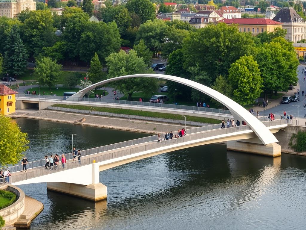 Набережная реки Уж в Ужгороде с пешеходным мостом