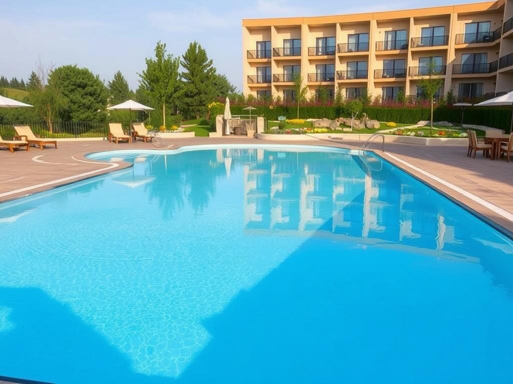 Открытый бассейн в BeSt Hotel с шезлонгами и зоной отдыха