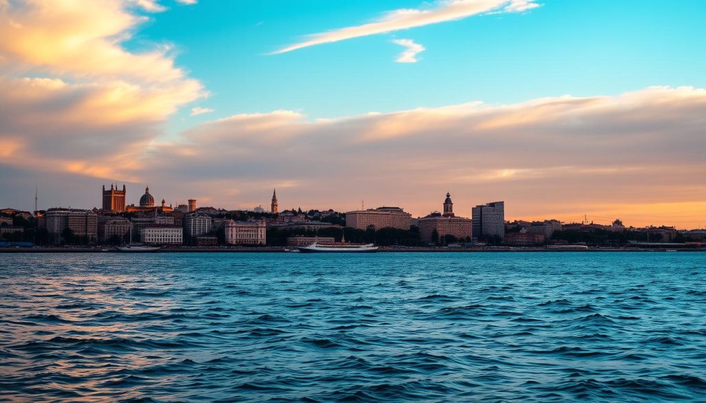 Панорама Одессы с моря на закате