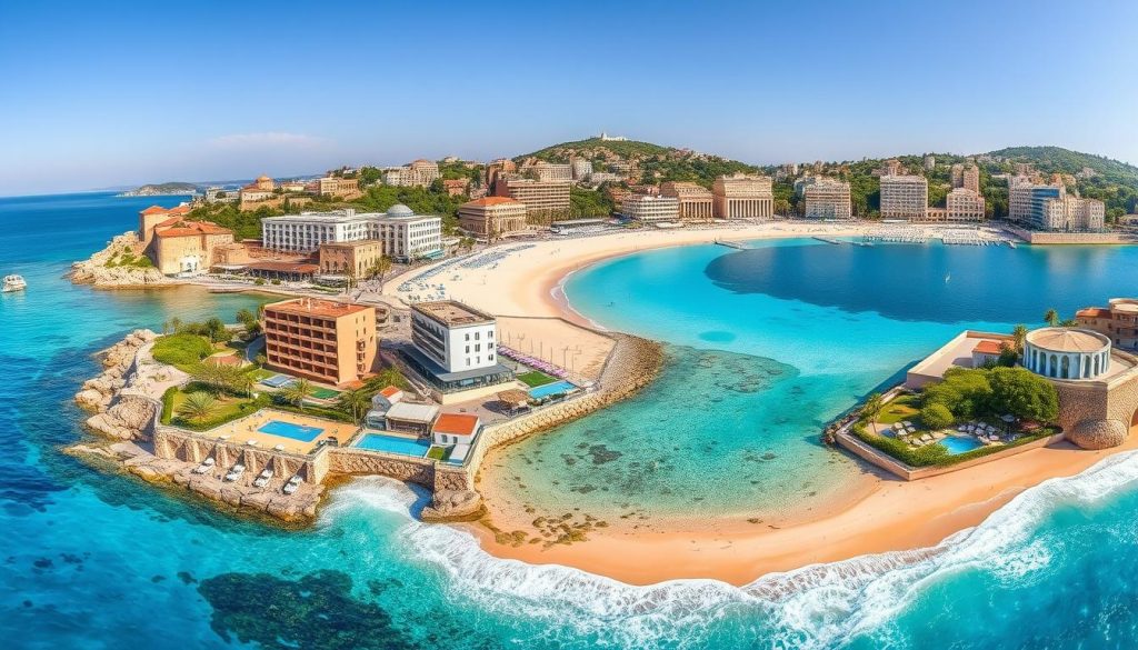 Панорама популярных морских курортов с пляжами и отелями