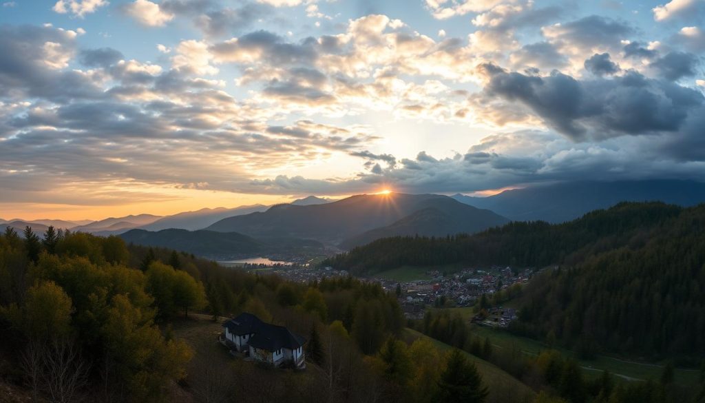 Панорама Славського, Львівська область, на заході сонця