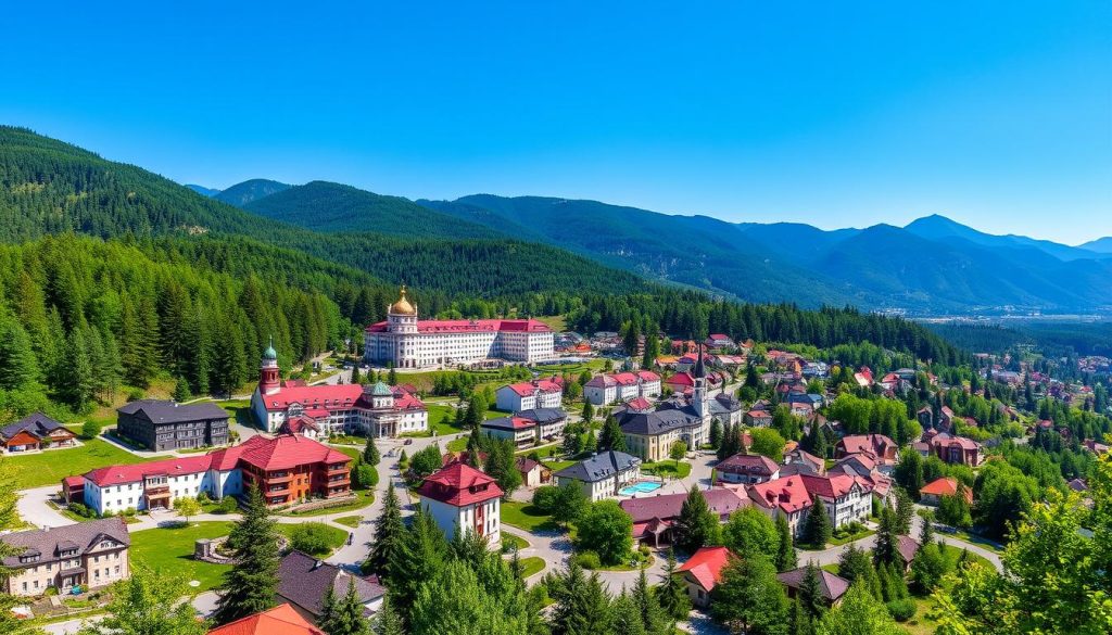 Панорама Трускавца с видом на Карпатские горы