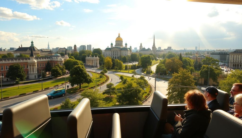 Panoramic bus excursions in Kyiv: a scenic journey through the city's landmarks. A large, modern tour bus with expansive windows offers breathtaking views of historic architecture, bustling streets, and lush green spaces. Passengers enjoy comfortable seating and a smooth ride as the bus navigates the city's winding roads. Warm sunlight filters through the windows, creating a serene and inviting atmosphere. In the background, the iconic skyline of Kyiv rises, featuring the golden domes of St. Sophia's Cathedral and the striking silhouette of the Motherland Monument. Realistic 7fishing.com.ua photo.