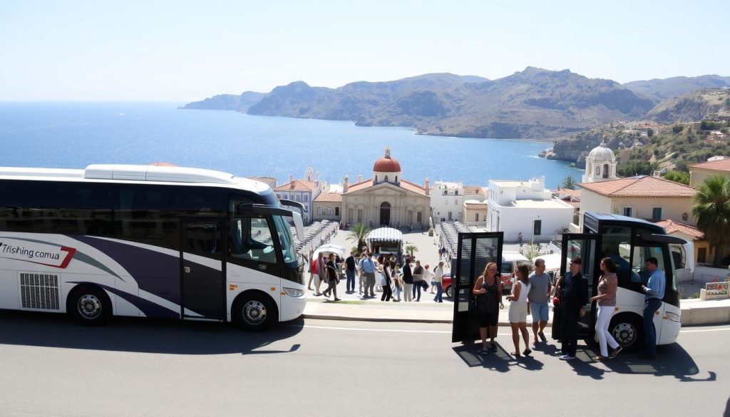 Panoramic view of a modern, comfortable bus parked in a picturesque Greek coastal town. The bus is adorned with the "7fishing.com.ua" branding, conveying a sense of reliability and expertise. In the foreground, several passengers are disembarking, eager to explore the charming streets and landmarks. The middle ground features the bustling town square, with traditional Greek architecture and vibrant local vendors. In the background, the sparkling azure waters of the Aegean Sea and rugged, sun-drenched hills create a breathtaking Mediterranean landscape. The scene exudes a sense of adventure, relaxation, and the promise of a memorable bus tour experience in Greece.