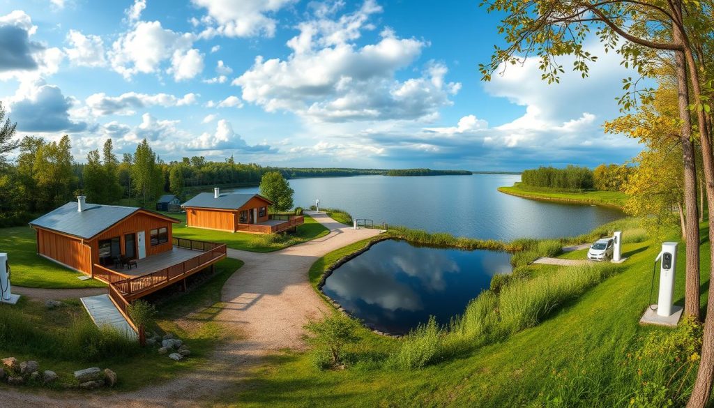 Панорамний вигляд комплексу Lake House з озером та котеджами