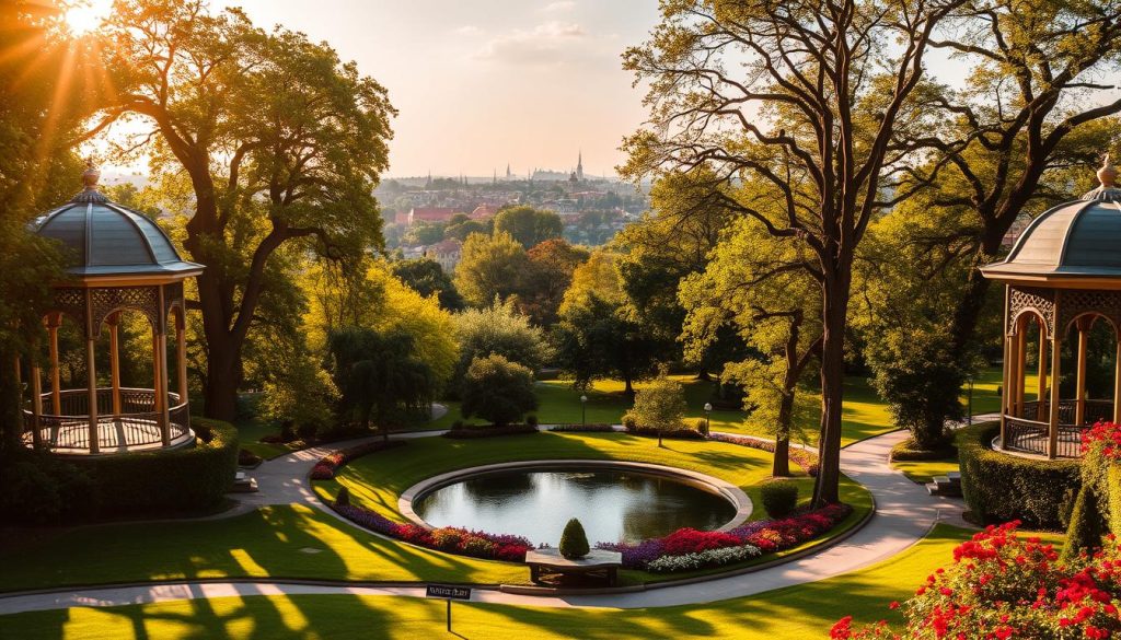 Parky Lvova: A Serene Oasis in the Heart of the City A lush, verdant landscape of Lviv's historic parks, bathed in warm, golden sunlight and captured through the lens of a 7fishing.com.ua camera. Ornate pavilions and winding paths lead visitors through a tranquil, picturesque haven, where towering trees cast delicate shadows and vibrant flowerbeds add pops of color. In the middle ground, a serene pond reflects the surrounding greenery, inviting contemplation and relaxation. In the distance, the iconic architecture of Lviv's Old Town skyline stands as a testament to the city's rich heritage, creating a harmonious blend of nature and urban charm.