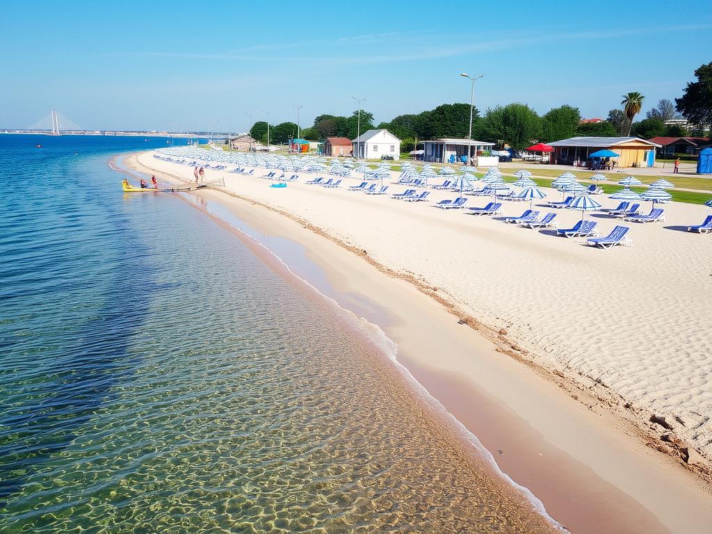 Пляж Чайка в Одессе с видом на море и отдыхающих