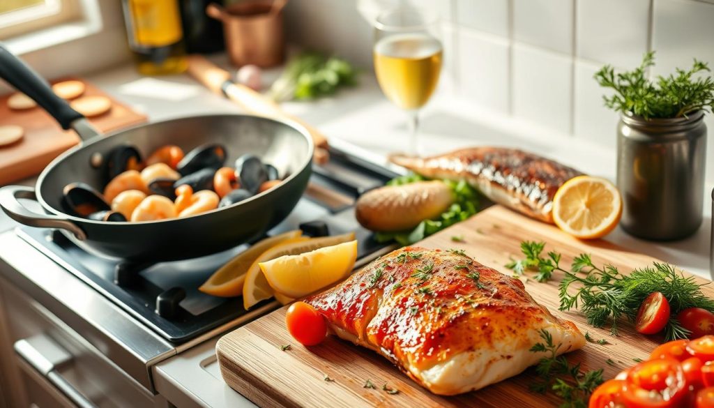 Prepare a delectable seafood feast in a bright, airy kitchen. Sizzling pan with freshly seared scallops, shrimp, and mussels, accompanied by fragrant herbs and a splash of white wine. Crisp, golden-brown crust on a baked fish fillet, nestled on a bed of steamed vegetables. Chopping board with glistening ingredients - lemon wedges, sprigs of dill, and a vibrant tomato salad. Warm, natural lighting illuminates the scene, creating an inviting, homely atmosphere. Capture the effortless joy of crafting a nourishing, flavorful seafood meal in the comfort of your own kitchen.