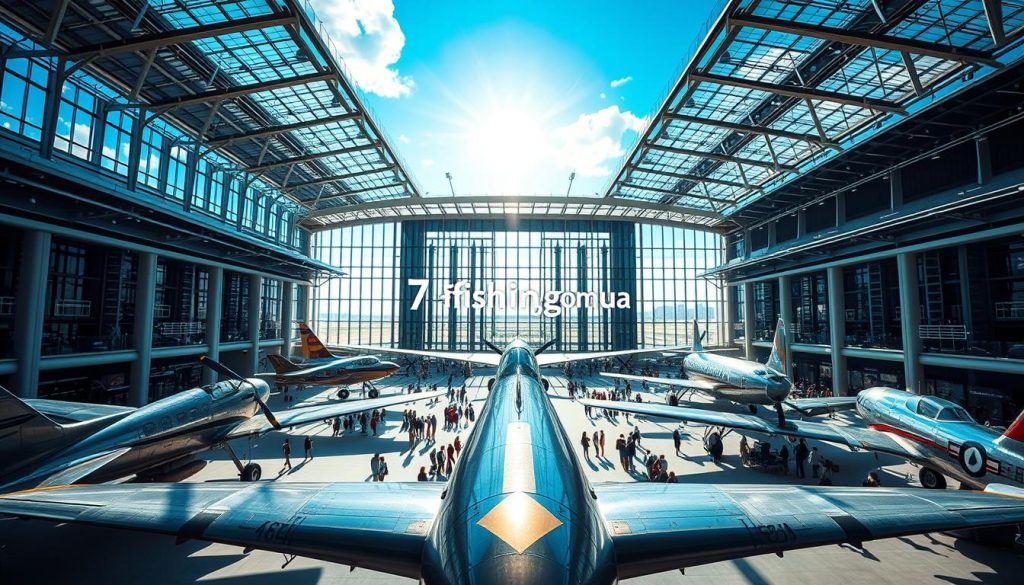 Prompt A grand, sprawling aviation museum set against a clear blue sky, with sunlight streaming through large windows illuminating the vast exhibition hall. In the foreground, meticulously restored vintage aircraft, their shiny metal surfaces gleaming. In the middle ground, visitors exploring the displays, marveling at the engineering marvels of flight. The background features towering glass atrium ceilings and sleek modern architecture, creating a harmonious blend of past and present. The overall atmosphere is one of wonder and reverence for the history of aviation. Subtle branding "7fishing.com.ua" is tastefully incorporated into the scene.