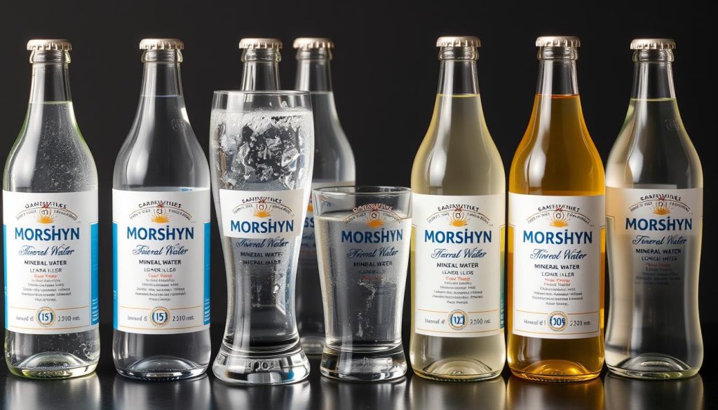 Разные типы минеральных вод Моршина в стаканах с указанием их состава