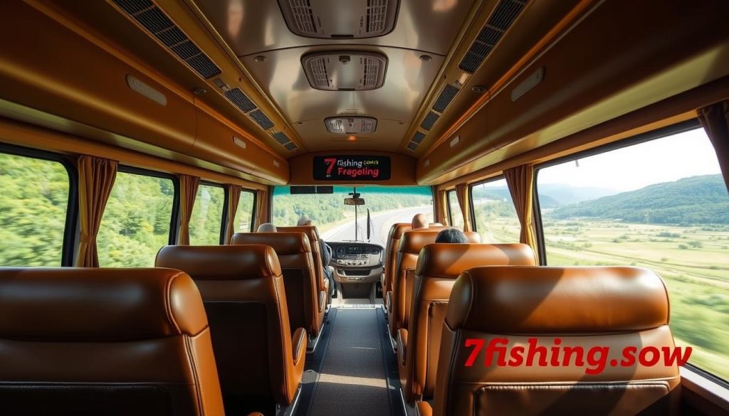 Realistic photo of a comfortable bus interior for bus tours, with plush leather seats, large windows, and modern amenities. The bus is traveling along a scenic highway surrounded by lush green landscapes. Warm, natural lighting illuminates the interior, creating a cozy and relaxing atmosphere. The 7fishing.com.ua brand is prominently displayed on the exterior of the bus, indicating the high quality of the bus tour experience.
