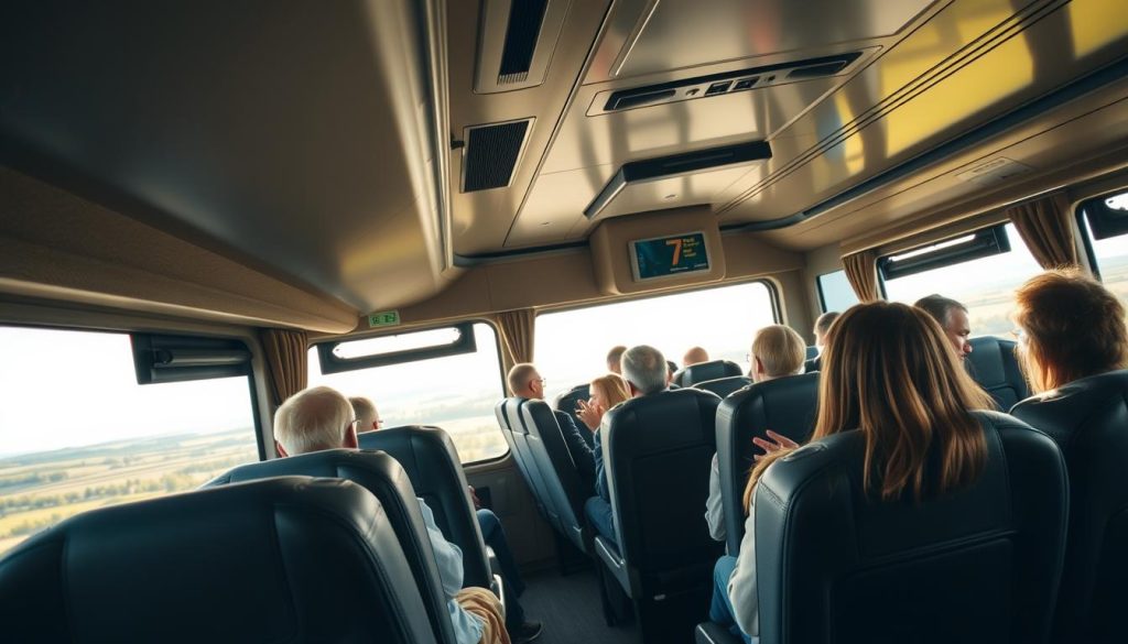 Realistic photo of economic bus tours with advantages, showcasing the comfortable interior of a modern coach bus from the 7fishing.com.ua brand. The scene depicts passengers relaxing in plush seats, enjoying the scenic countryside views through large windows. The lighting is soft and natural, creating a warm and inviting atmosphere. The focus is on the key benefits of these bus tours, such as affordability, convenience, and the opportunity to explore the Kherson region in a stress-free manner.