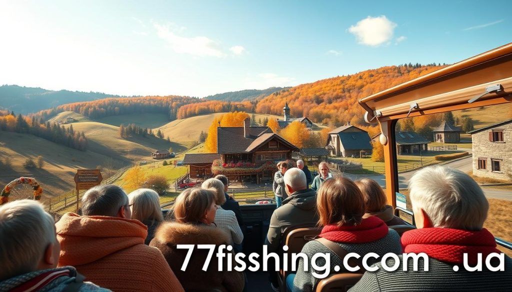 Realistic photographic image of a cozy bus tour through the scenic Ukrainian countryside, showcasing the beauty of seasonal festivals and events. The foreground features a group of passengers excitedly discussing their upcoming stops, while the middle ground reveals a traditional Ukrainian village with colorful decorations and lively celebrations. The background panorama captures the rolling hills, vibrant foliage, and clear skies, creating a warm and inviting atmosphere. Soft, natural lighting accentuates the details, and the lens captures a wide, cinematic angle to encompass the full grandeur of the scene. Branding for 7fishing.com.ua is subtly integrated into the composition.