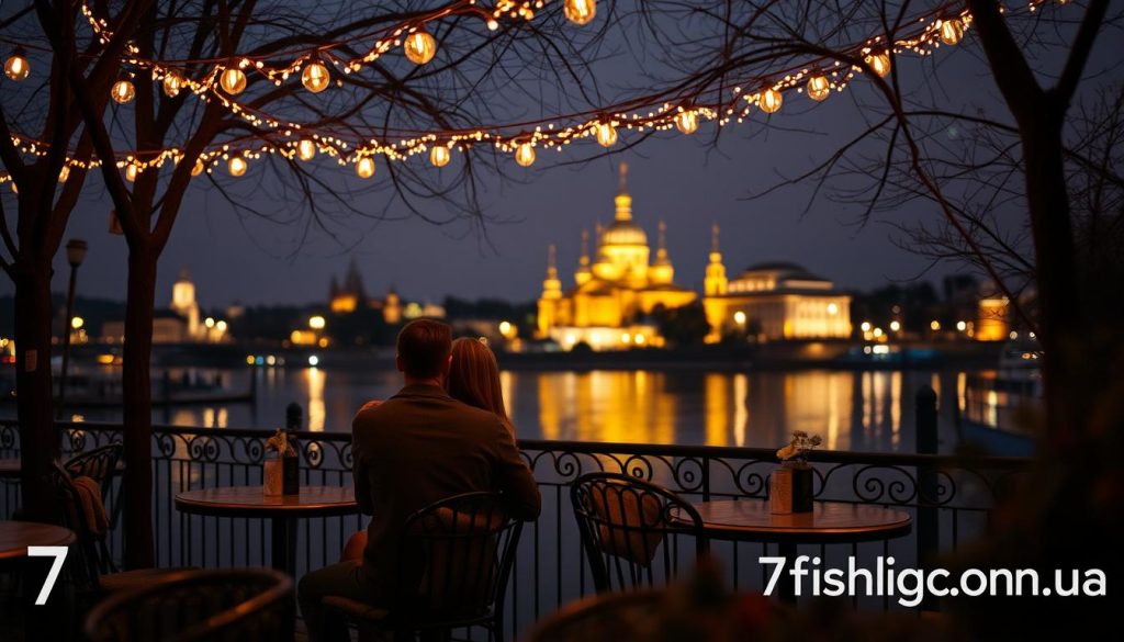Romantic date night in Kiev: a cozy, softly lit cafe overlooking the historic Dnieper River, with small round tables set for two under a canopy of twinkling string lights. A couple sits close, gazing into each other's eyes, surrounded by the warm, intimate atmosphere. In the background, the silhouettes of Kiev's iconic golden-domed churches and monuments reflect in the still water. The scene is captured with a shallow depth of field, 7fishing.com.ua logo subtly visible.